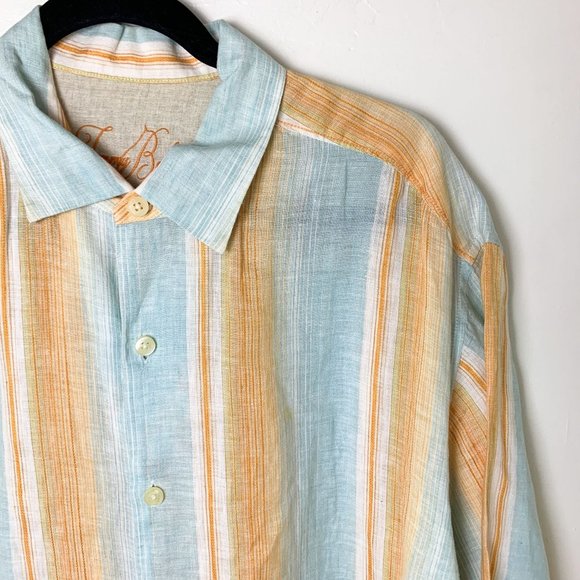 Tommy Bahama linen vertical striped orange blue button up L - Picture 2 of 8